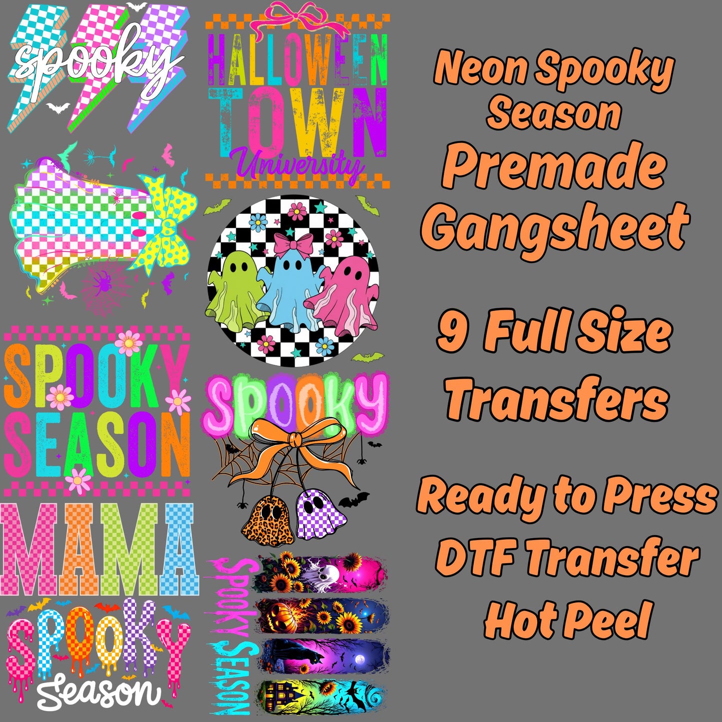 Neon Spooky Season Premade DTF gangsheet- 9 Full size designs