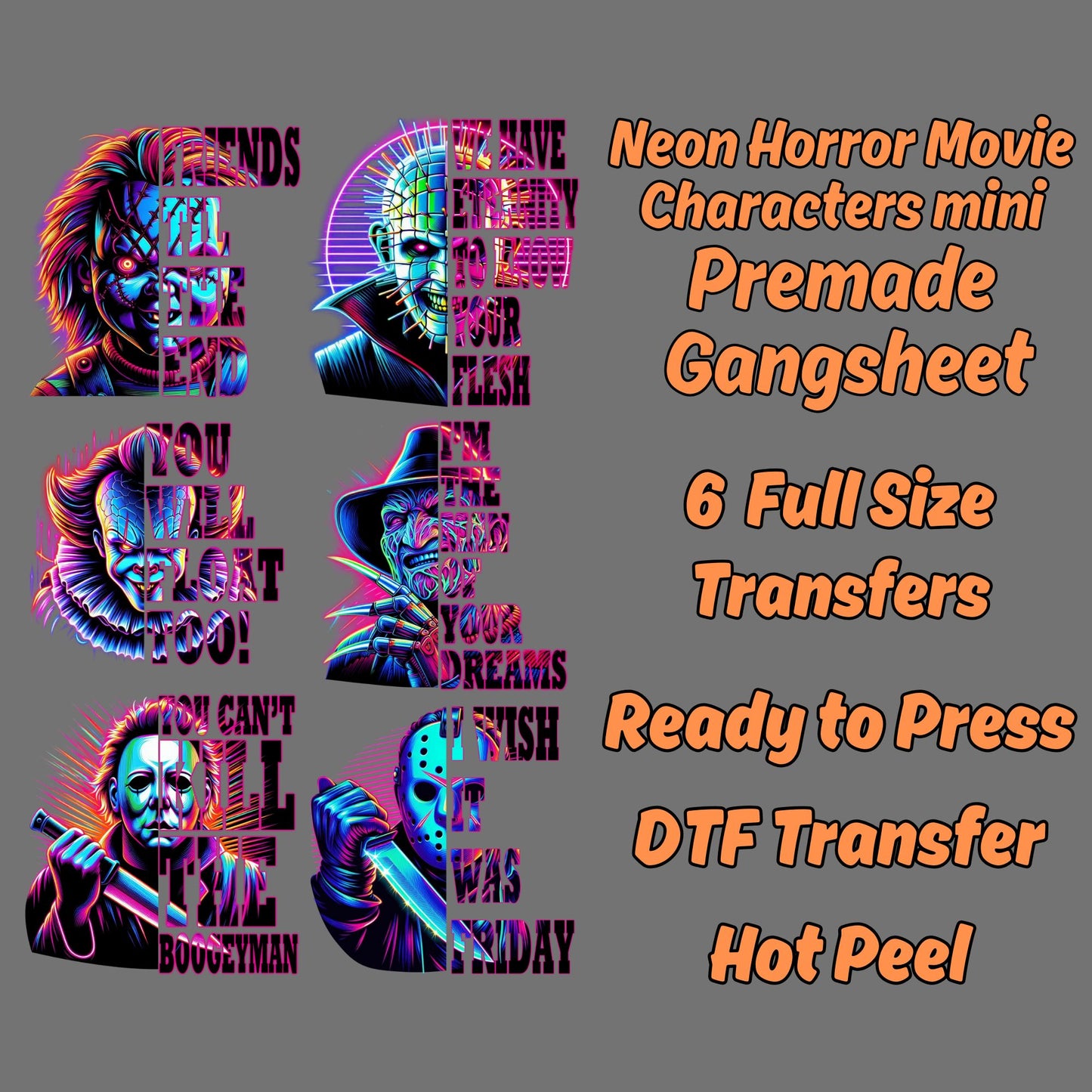 Neon Horror movie Character mini premade DTF gang sheet- 6 adult prints
