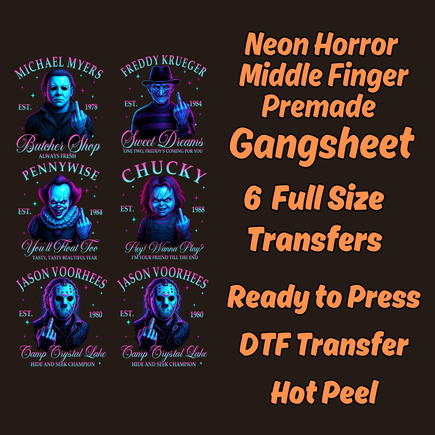 Neon Horror Middle finger movie Character mini premade DTF gang sheet- 6 adult prints
