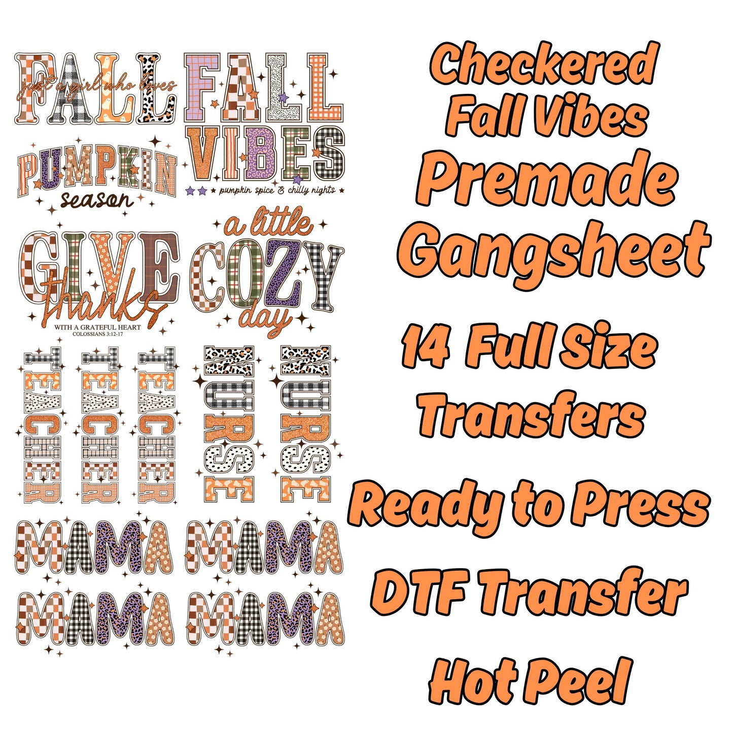 Checkered Fall Premade Gangsheet - 14 Full Size Transfers