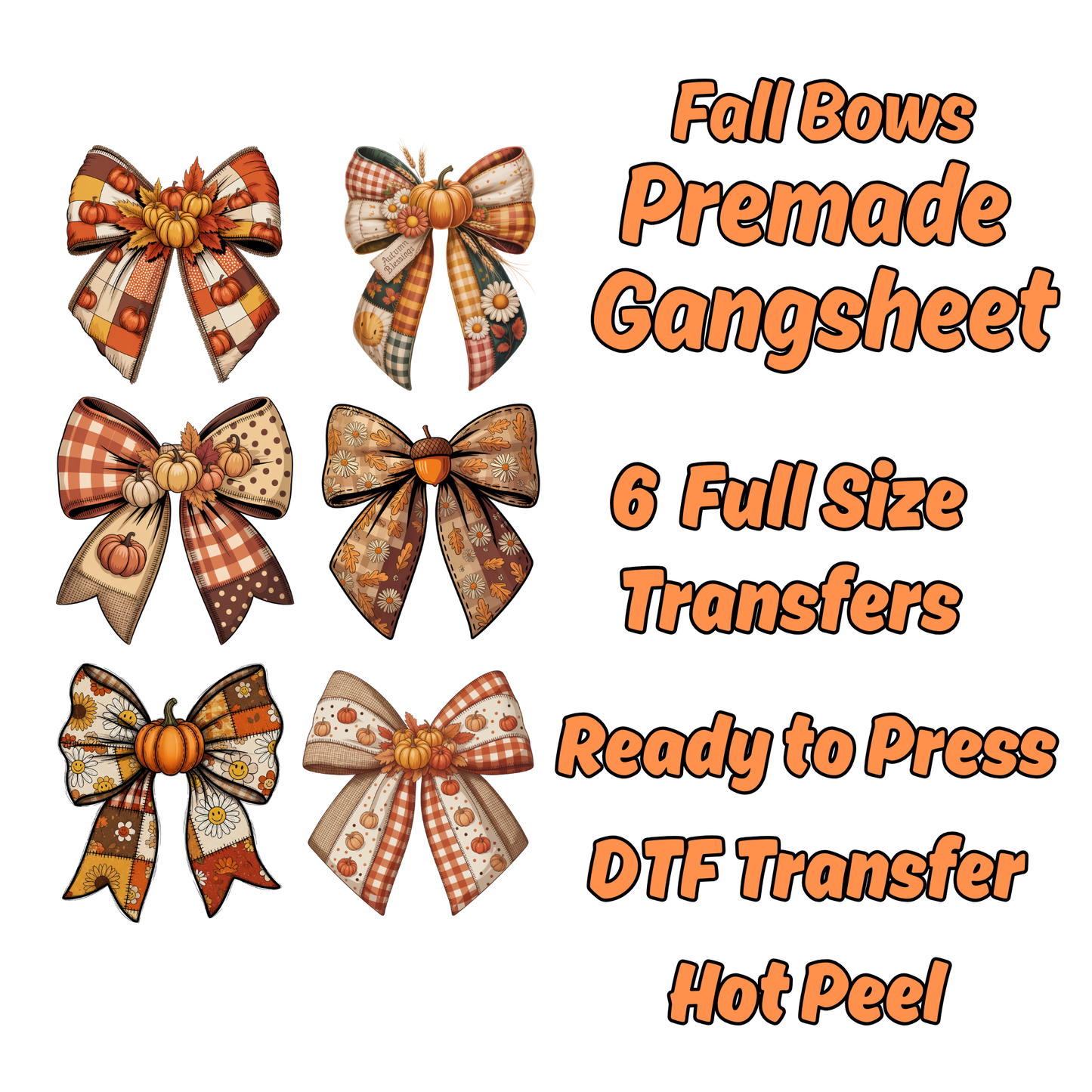 Fall Bows Halloween Premade Gangsheet 6 Full Size Transfers