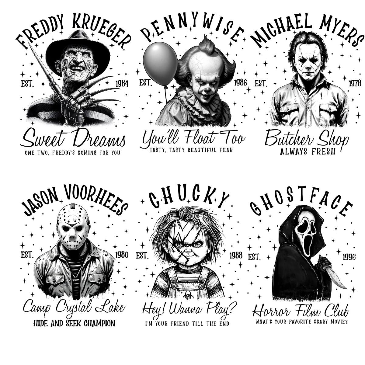 Halloween Horror Movie mini Characters premade DTF gang sheet-6 adult prints