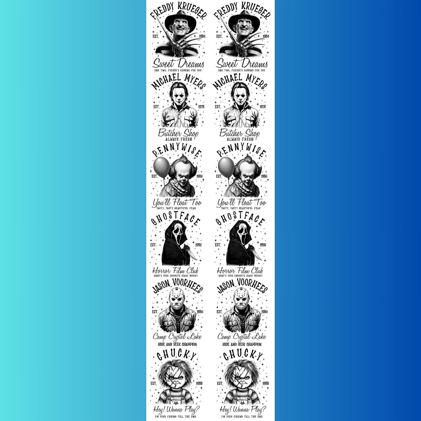 Halloween Horror Movie Characters premade DTF gang sheet, Halloween Prints, Halloween Transfers, Killer Halloween transfers,Spooky transfers