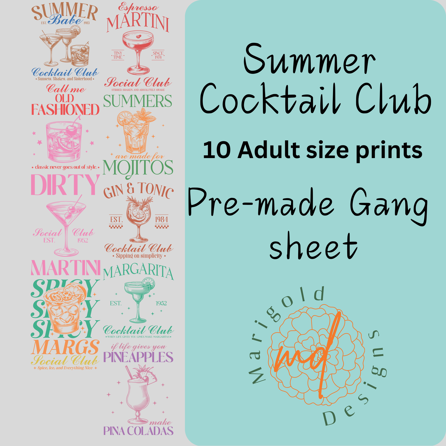 Summer Cocktail Club DTF Gangsheet, Premade DTF gangsheet
