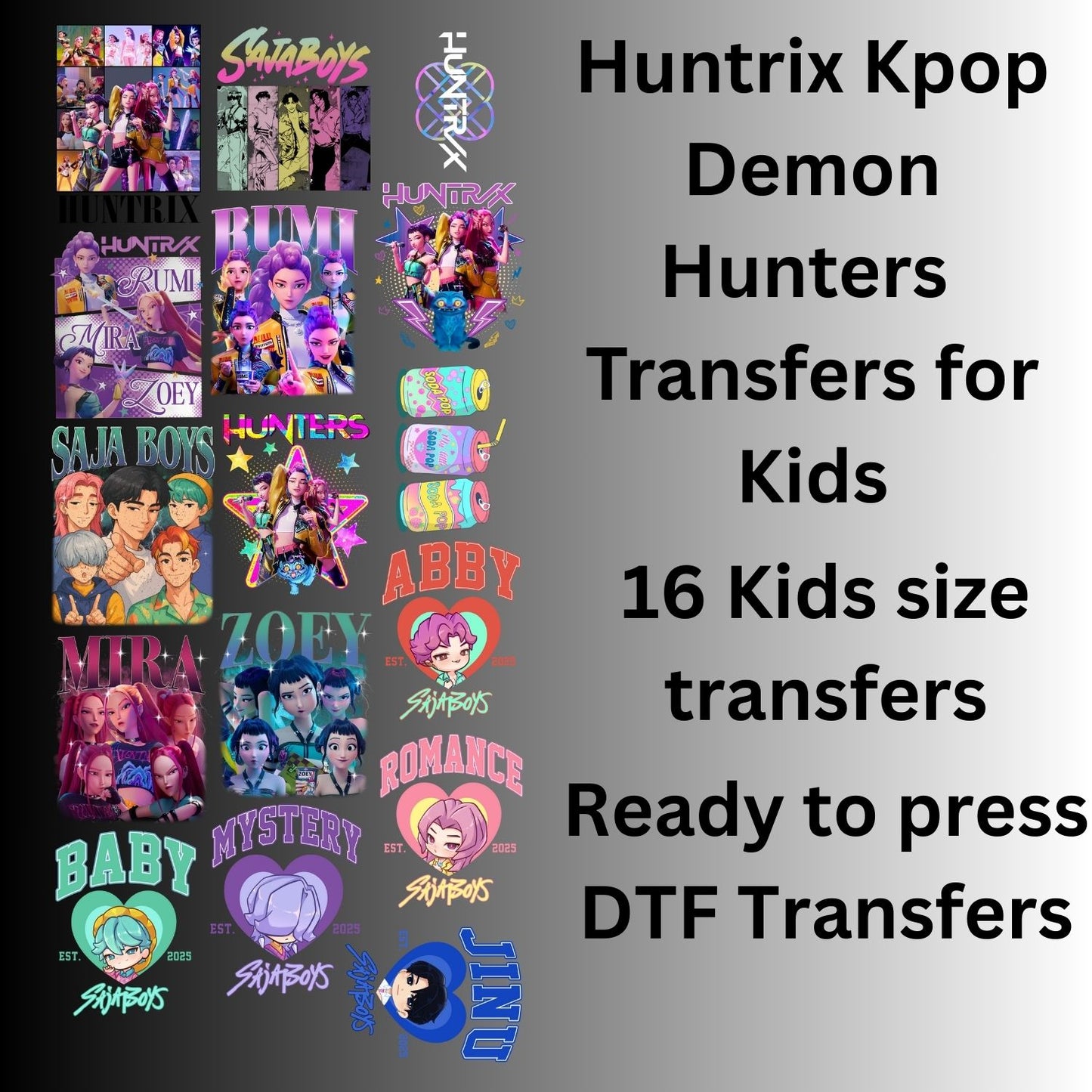 Huntrix Kpop Demons Premade DTF Gang Sheet-16 Kids Size Transfers