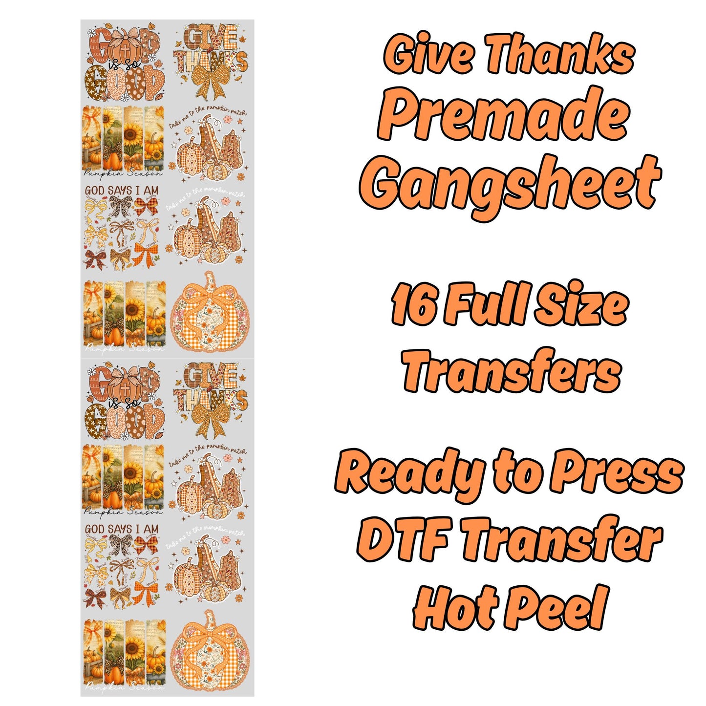 Give Thanks Fall Pumpkin Premade Gangsheet 16 Full Size Transfers