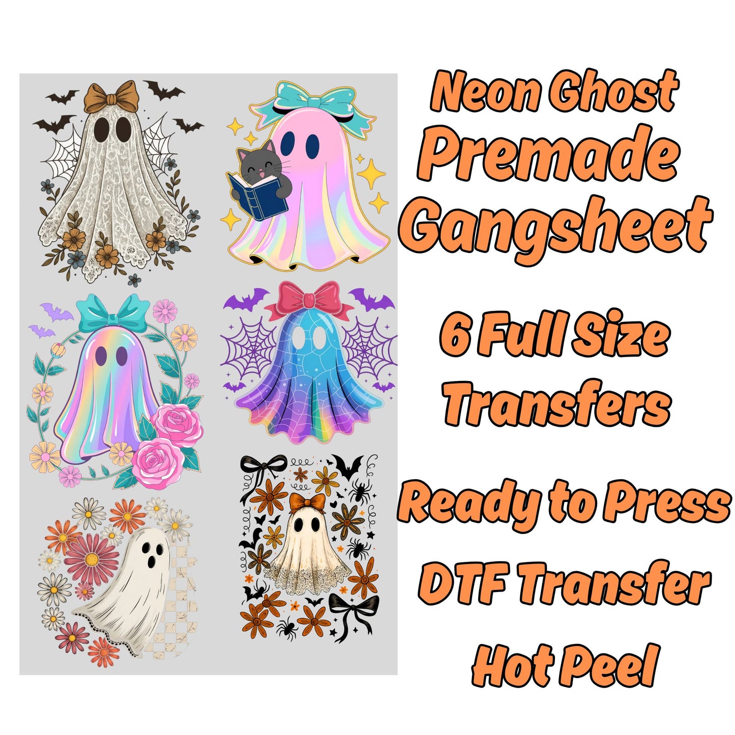 Neon Ghost Spooky Halloween Premade Gangsheet 6 Full Size Transfers