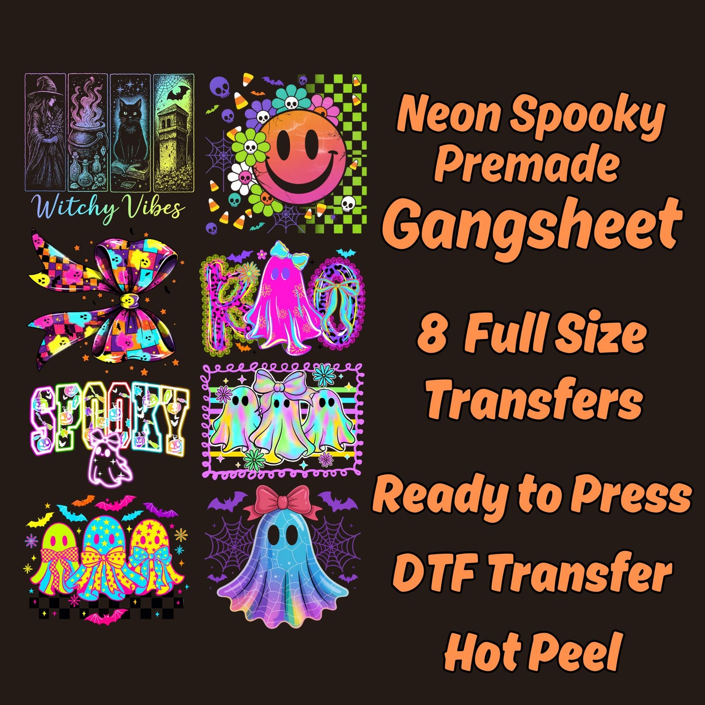 Neon Spooky Halloween Premade Gangsheet 8 Full Size Transfers