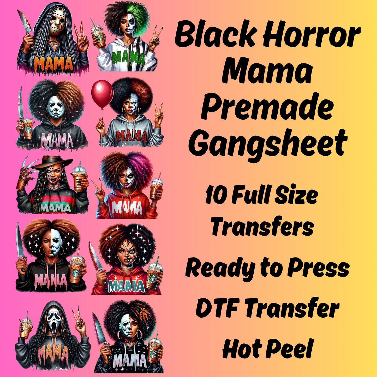Black Halloween Horror Mama DTF Bundle, Spooky Mama Prints, Halloween Transfers, Killer Halloween transfers, Spooky heat transfers, Halloween