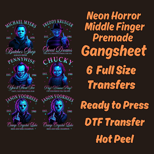 Neon Horror Middle finger movie Character mini premade DTF gang sheet- 6 adult prints