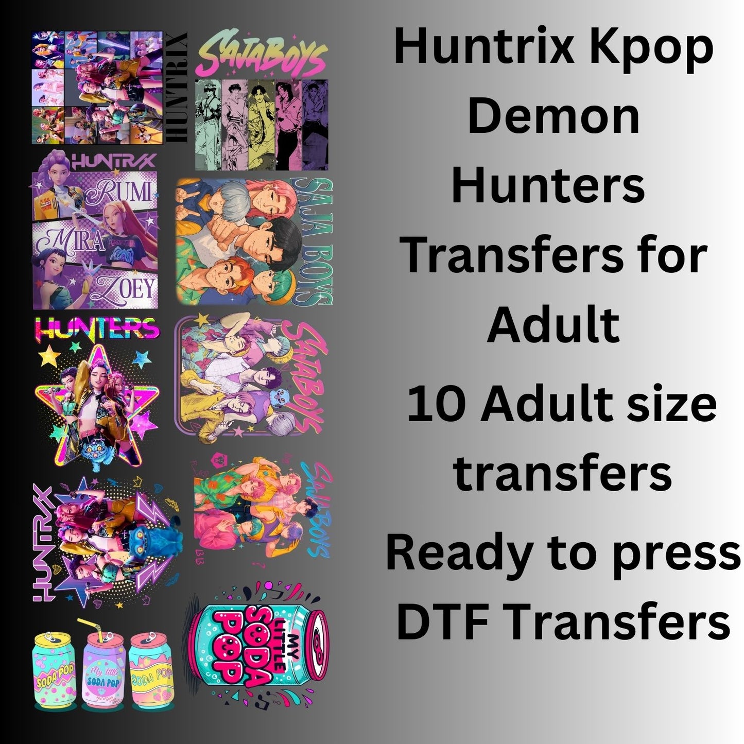 Huntrix Kpop Demons Adult Transfers - 10 Full Size DTF Transfers