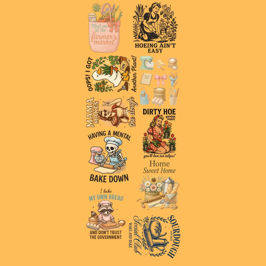 Bake and Gardening Lover premade DTF gang sheet-10 adult prints, Baking DTF Transfers, Gardening transfers, Sourdough transfer, DTF Transfer