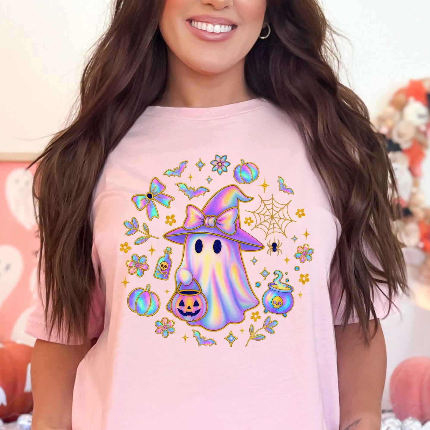 Iridescent Ghost prints, Coquette Halloween Design, Trendy Halloween Transfers, Horror Movie, Girly Halloween, Cute Ghost, Pumpkin Transfers