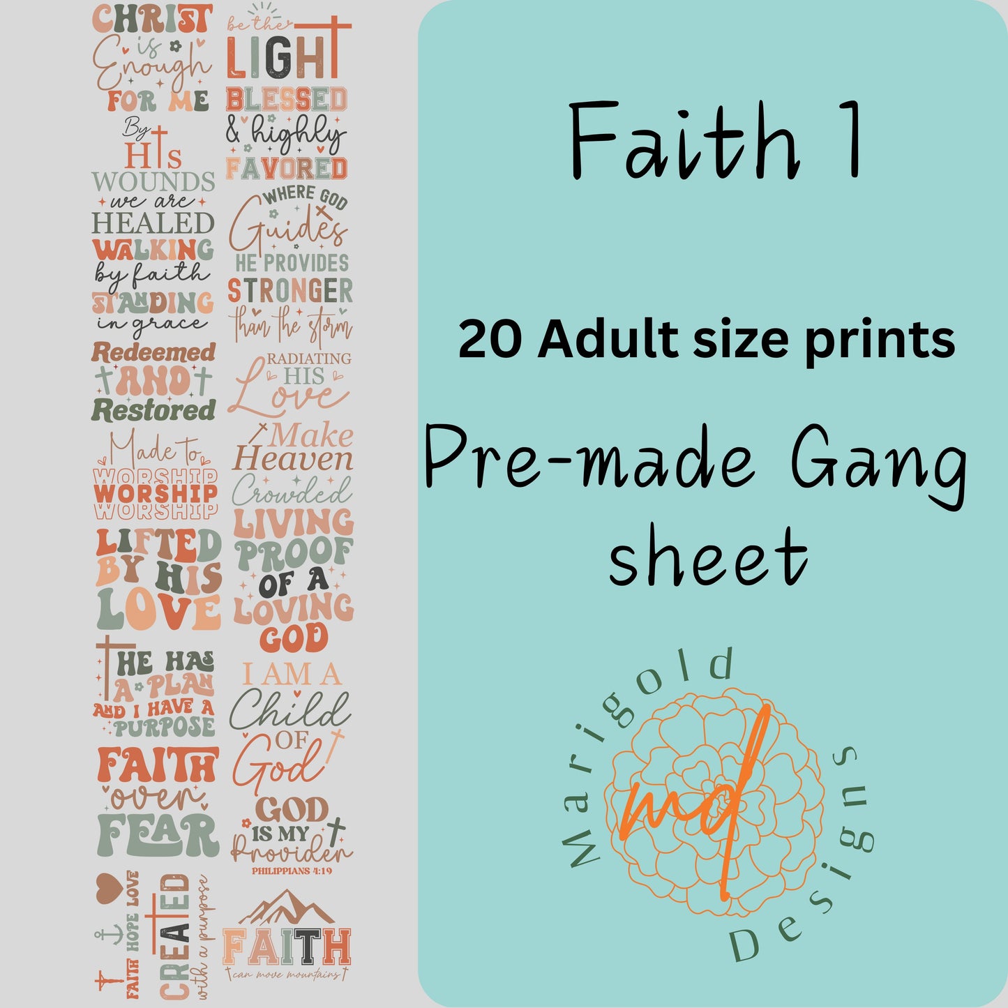 Faith 1 Premade DTF Gangsheet, Premade DTF gangsheet