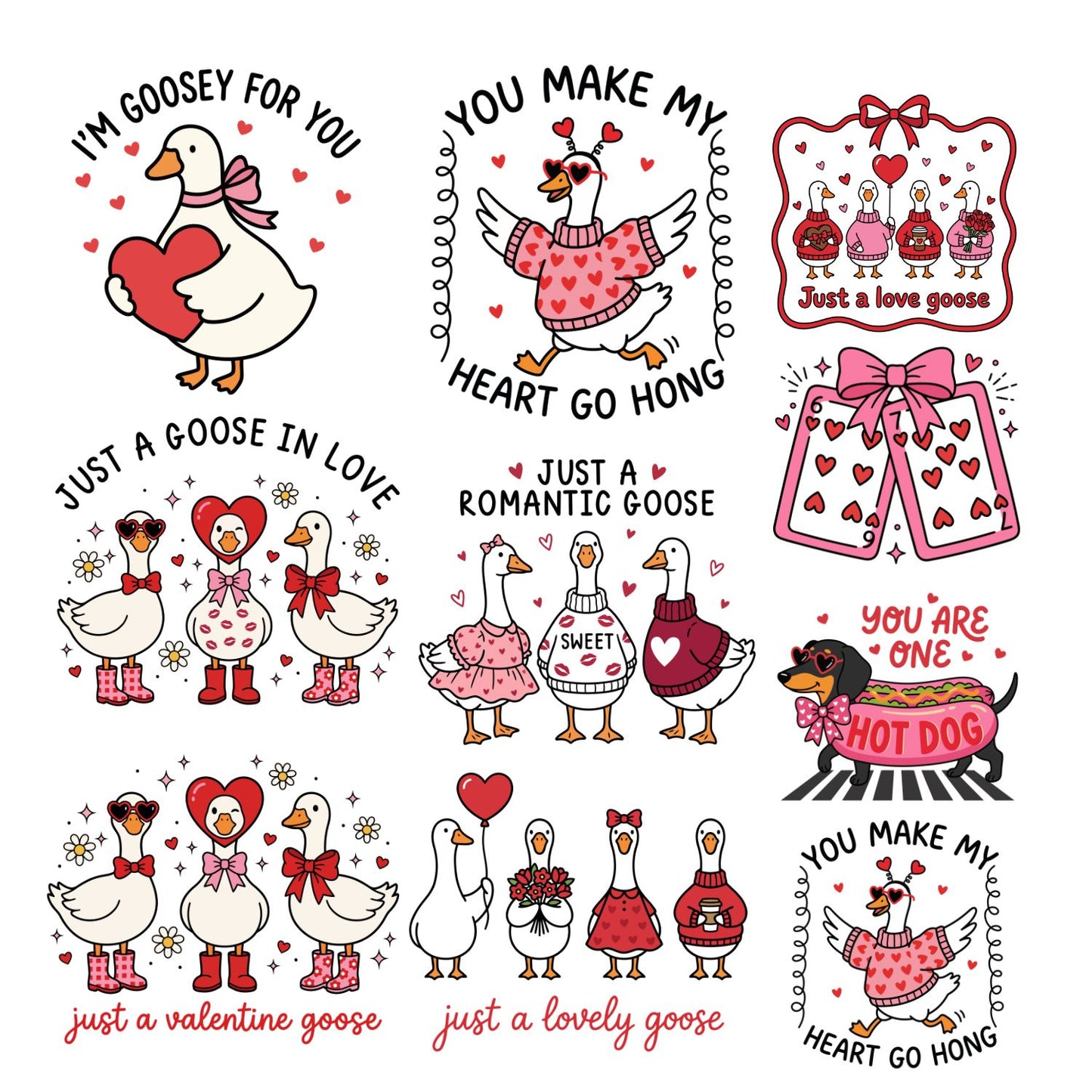 Valentine Day Silly Goose DTF Premade Gangsheet 10 Full Size Transfers
