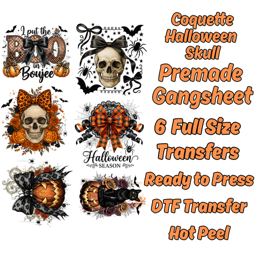 Coquette Halloween Skull Premade Gangsheet 6 Full Size Transfers