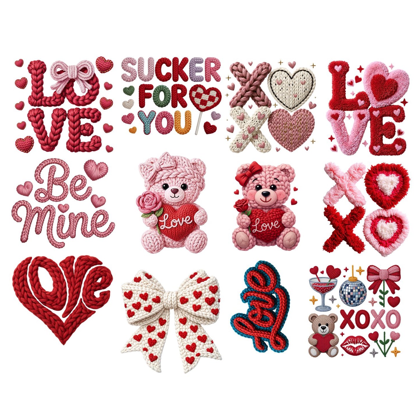 Yarn Valentine Day DTF Premade Gangsheet 12 Full Size Transfers