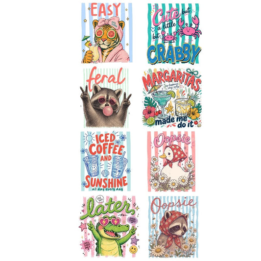 Funny Animals 2 summer Premade Gangsheet 8 Adult Size Transfers