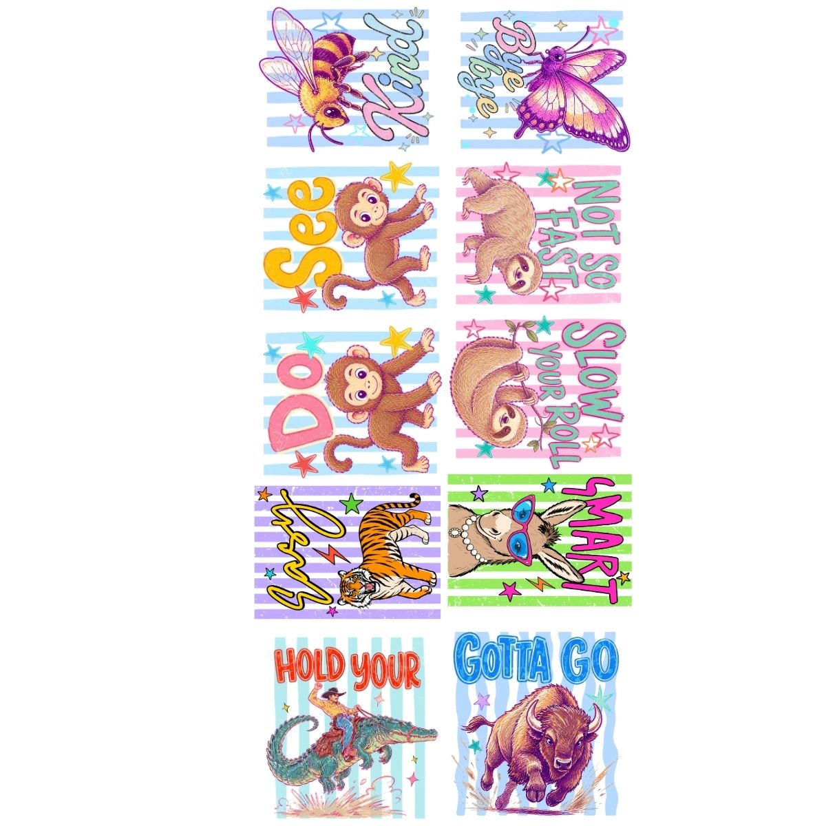 Funny Animals summer Premade Gangsheet 10 Adult Size Transfers