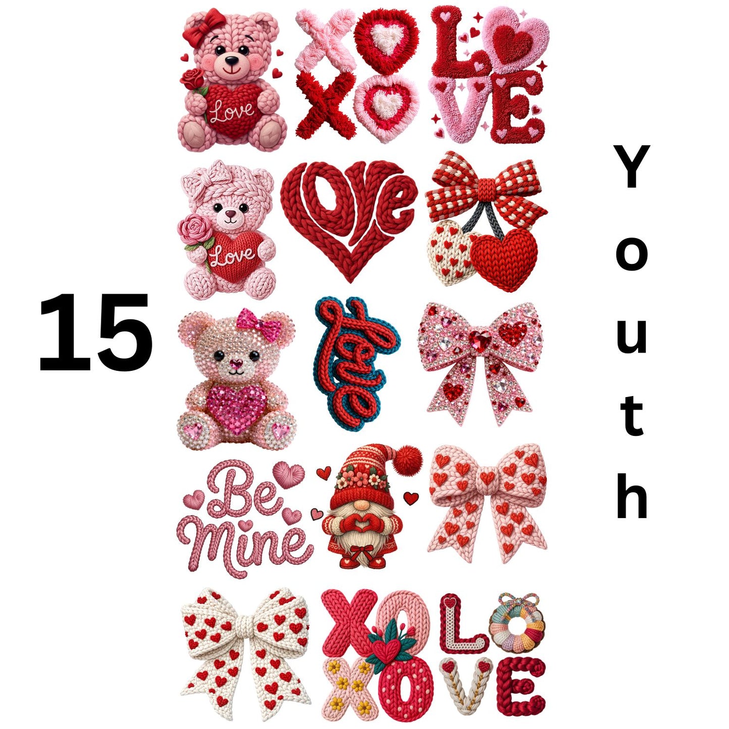 Crochet Valentine Day DTF Premade Gangsheet 15 Youth Size Transfers
