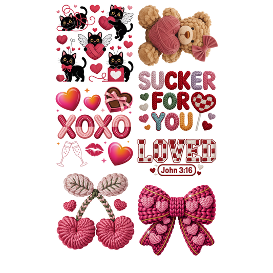 Faux Yarn Valentine Day 2 DTF Premade Gangsheet 6 Full Size Transfers
