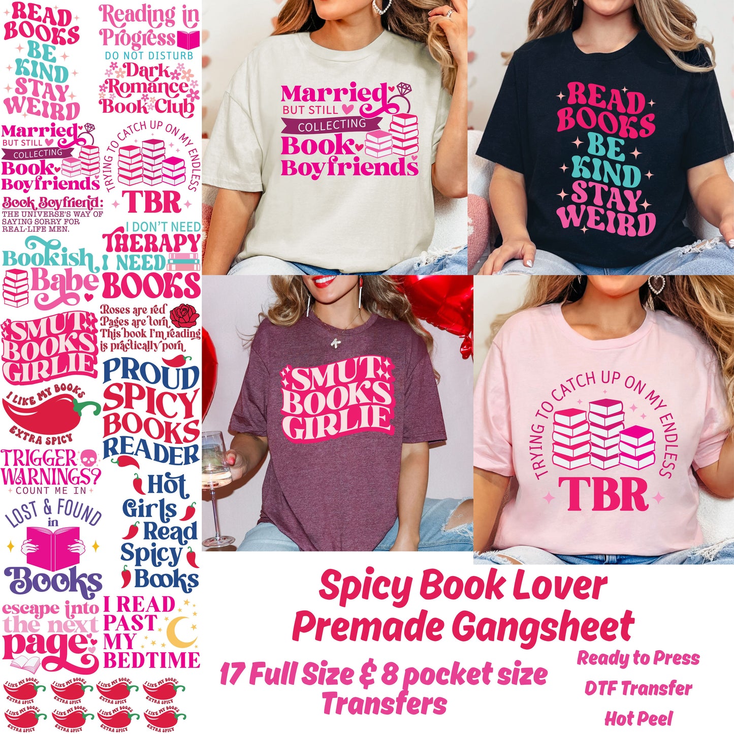 Spicy Book Lover premade DTF gang sheet-17 adult and 8 Pocket prints, Smut reader DTF Gang sheet, Book lover transfers, Spicy book transfer, Spicy book Transfers