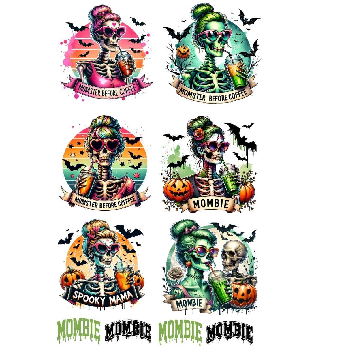 Mombie mini Halloween Skeletons DTF Gang Sheet-6 Adult Prints