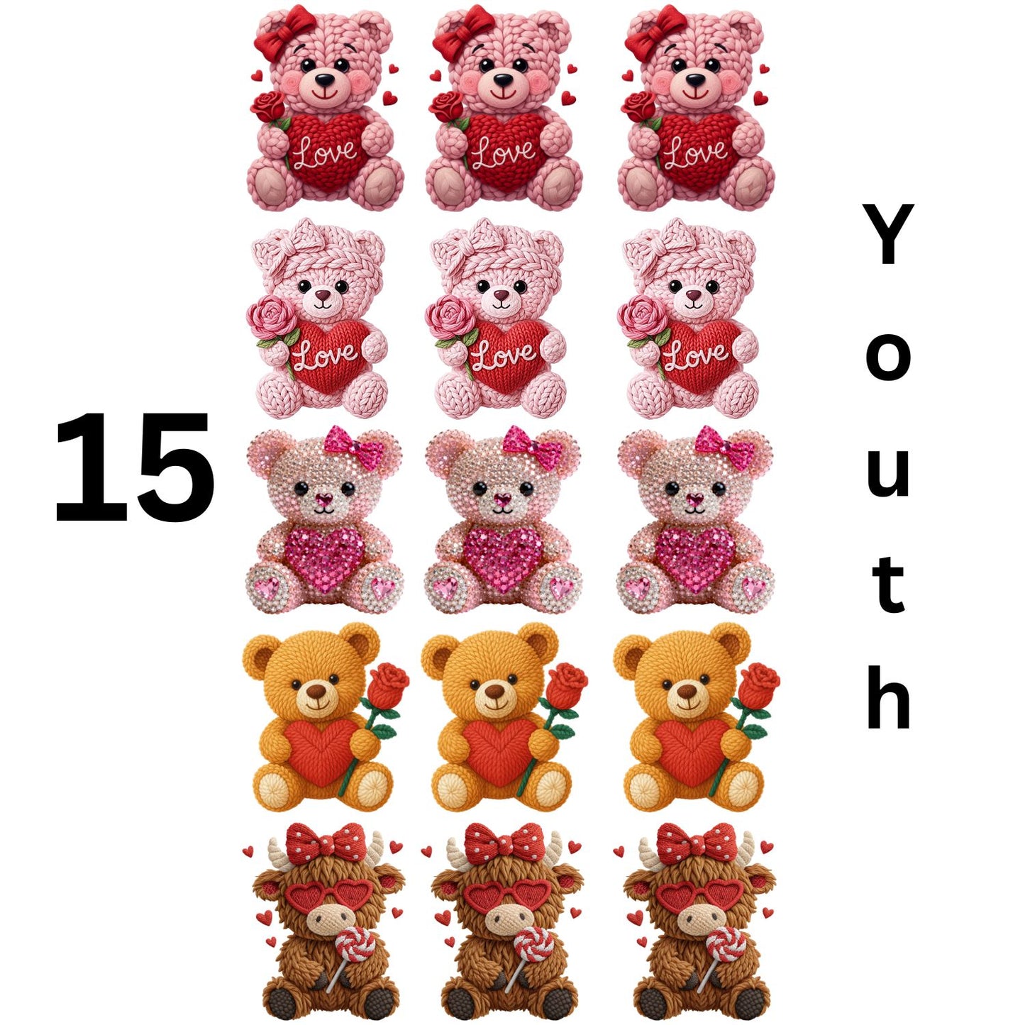 Crochet Bear Valentine Day DTF Premade Gangsheet 15 Youth Size Transfers