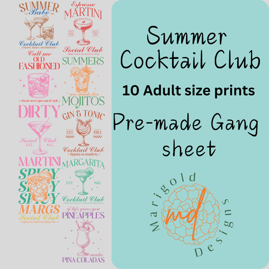 Summer Cocktail Club DTF Gangsheet, Premade DTF gangsheet