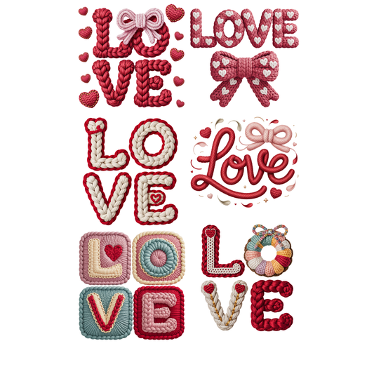 Faux Yarn Love Valentine Day 4 DTF Premade Gangsheet 6 Full Size Transfers