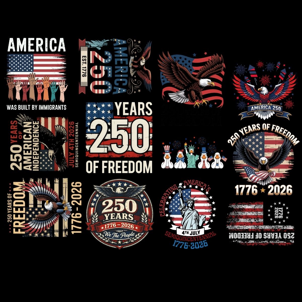 4th of July 250 Premade Gangsheet 12 Full Size Transfers