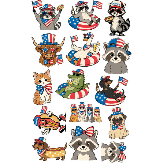 4th of July Animals Youth Premade Gangsheet 15 Transfers