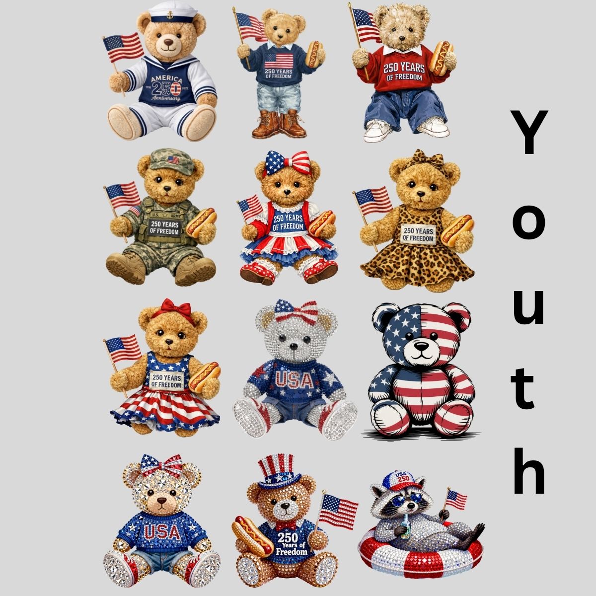 4th Of July Bear Youth premade DTF gang sheet- 12 prints