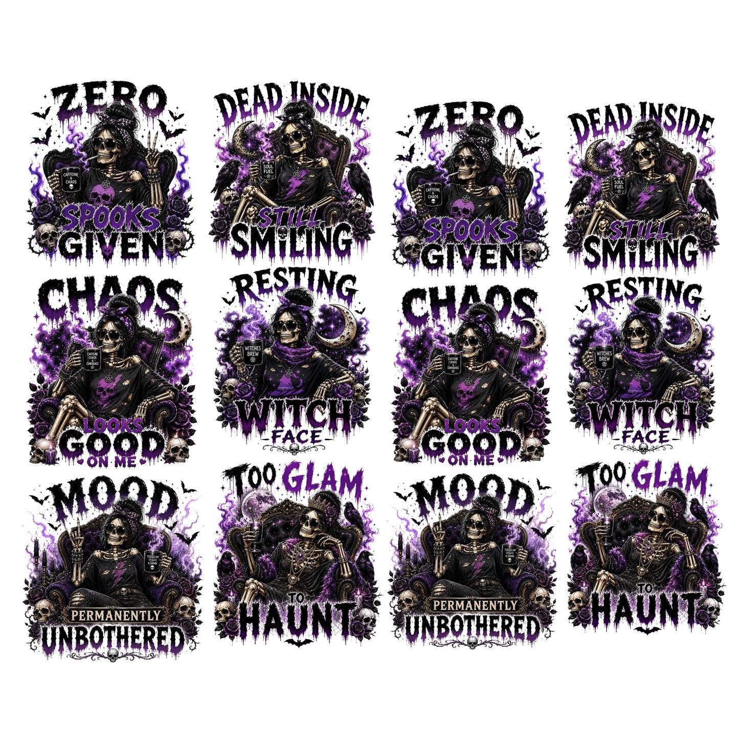 Gothic Skull Witch Halloween premade DTF gang sheet- 12 adult prints