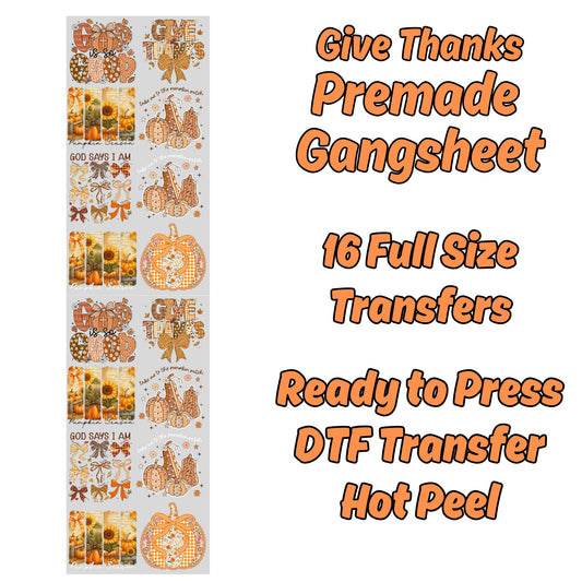 Give Thanks Fall Pumpkin Premade Gangsheet 16 Full Size Transfers