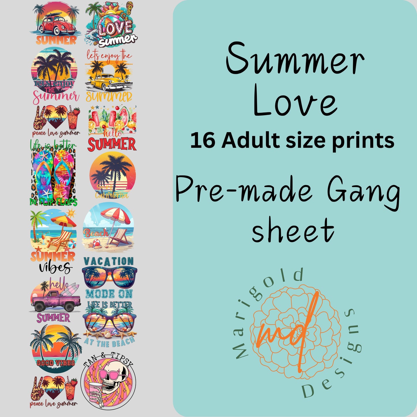 Summer Love DTF Gangsheet, Premade DTF gangsheet