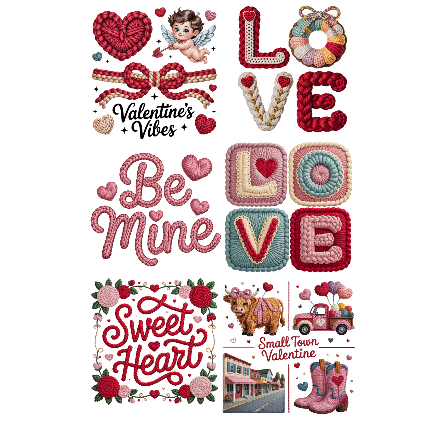 Faux Yarn Valentine Day 5 DTF Premade Gangsheet 6 Full Size Transfers