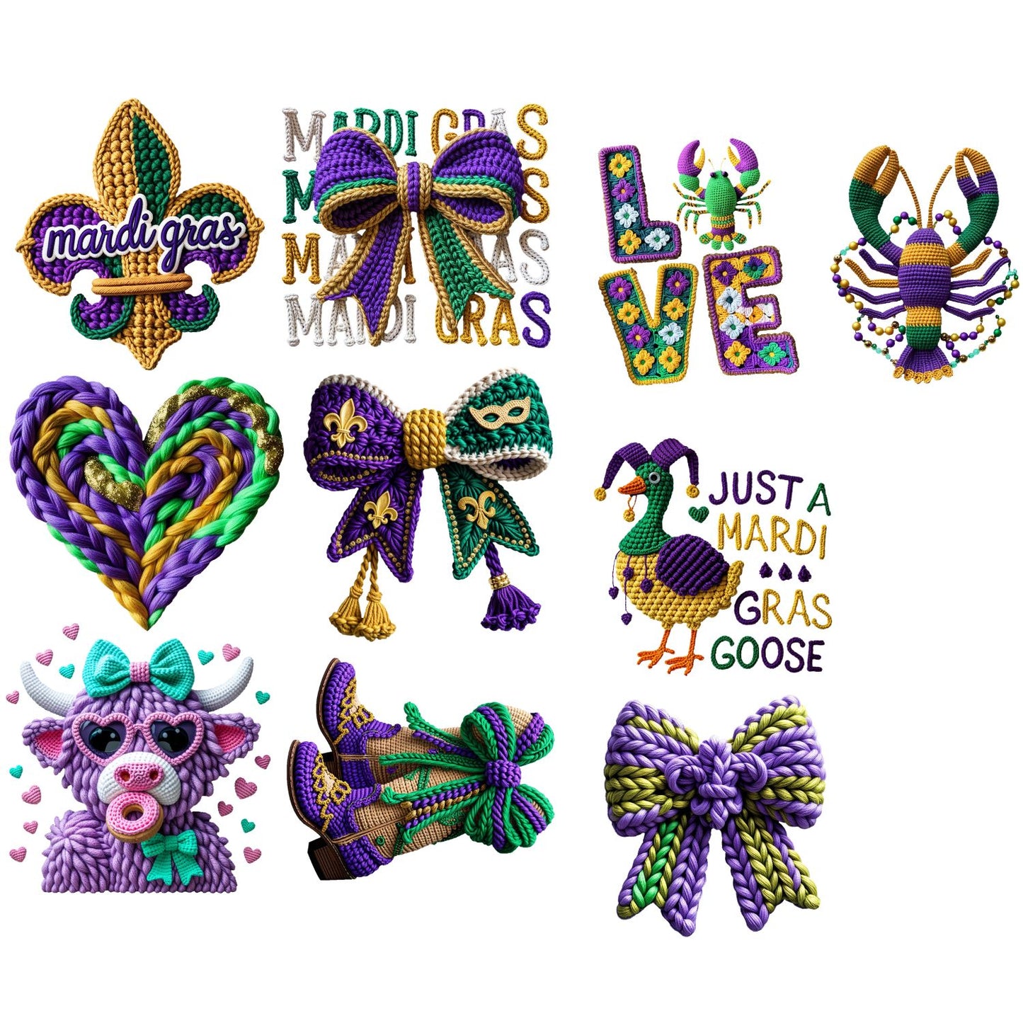 Crochet Mardi Gras Premade Gangsheet 10 Transfers