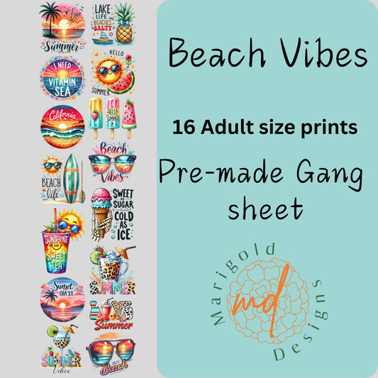 Beach Vibes DTF Gangsheet, Premade DTF gangsheet
