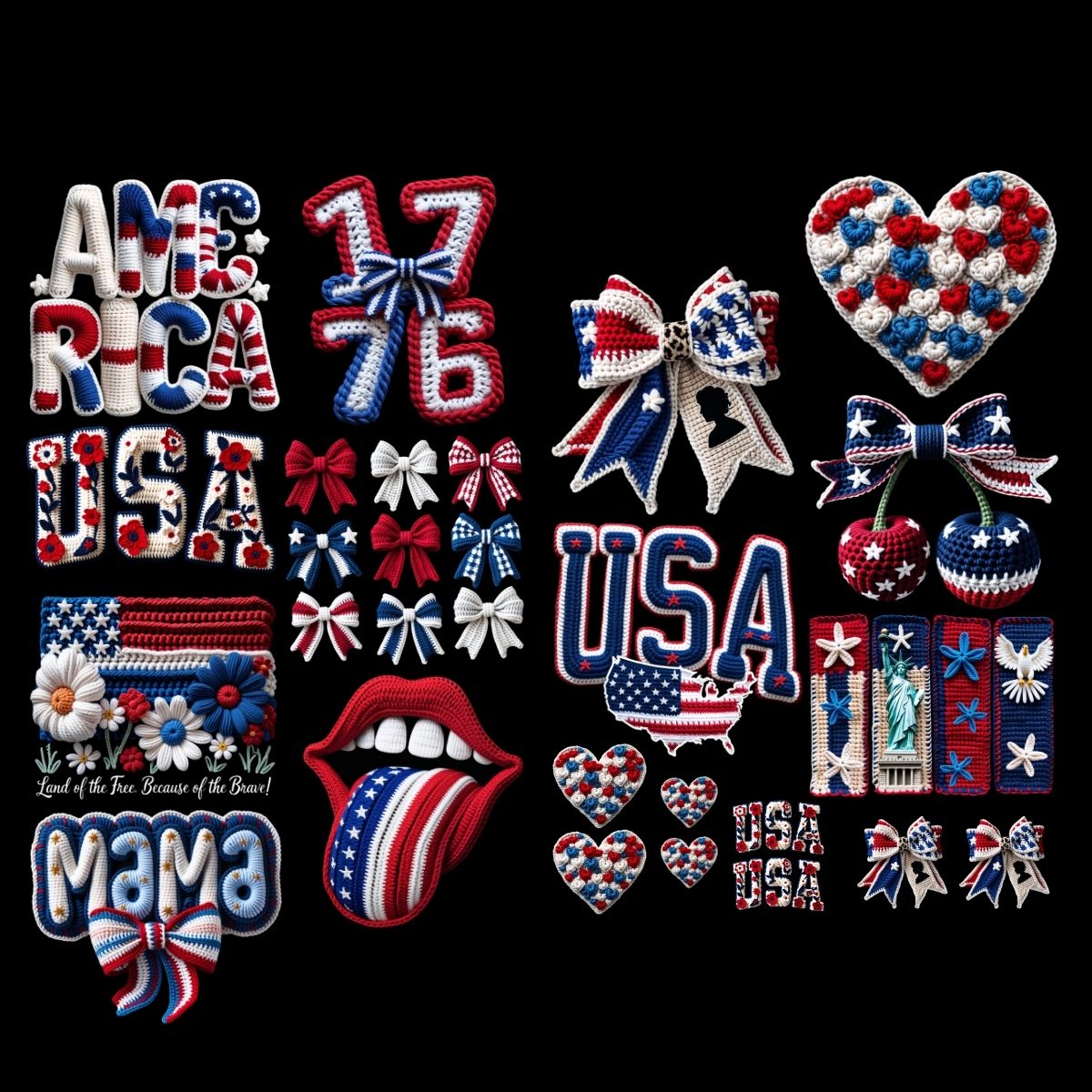 4th of July Yarn Premade Gangsheet 12 Full Size Transfers