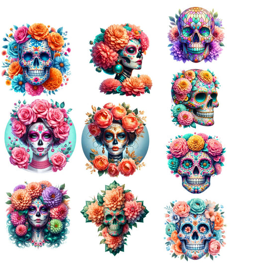 Floral Sugar Skull, Pastel Day of the Dead ArtDay of the Dead, Floral Sugar Skull & La Catrina Art, Day of the Dead, premade DTF gang sheet- 12 adult prints (Copy) (Copy)
