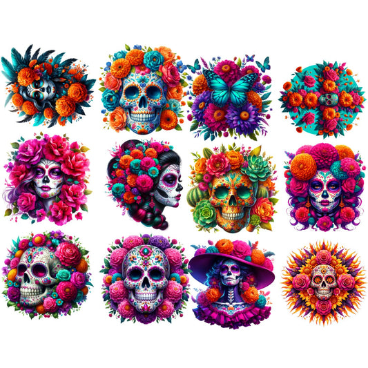 Day of the Dead, Floral Sugar Skull & La Catrina Art, Day of the Dead, premade DTF gang sheet- 12 adult prints (Copy)