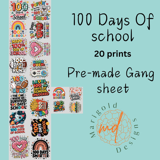 100 Days of School DTF Gangsheet, Premade DTF gangsheet