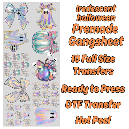 Iredescent Halloween Premade Gangsheet 10 Full Size Transfers Ready to Press DTF Transfer Hot Peel