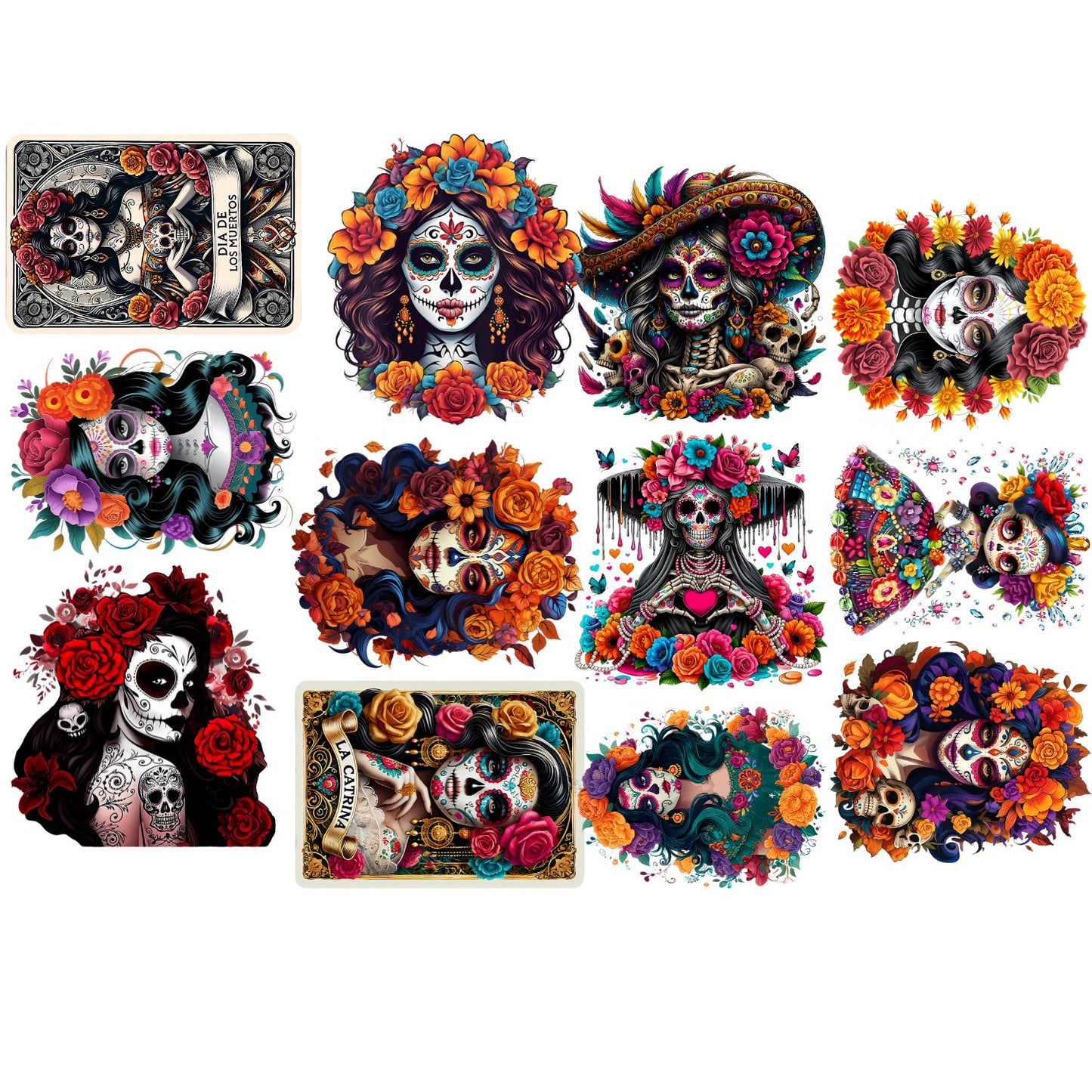 De Los Muertos La Catrina, Day of the Dead, premade DTF gang sheet- 12 adult prints