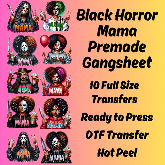 Black Halloween Horror Mama DTF Bundle, Spooky Mama Prints, Halloween Transfers, Killer Halloween transfers, Spooky heat transfers, Halloween