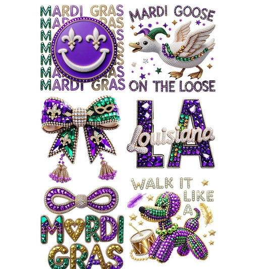 Mardi Gras Rhinestone premade DTF gang sheet-6 adult prints