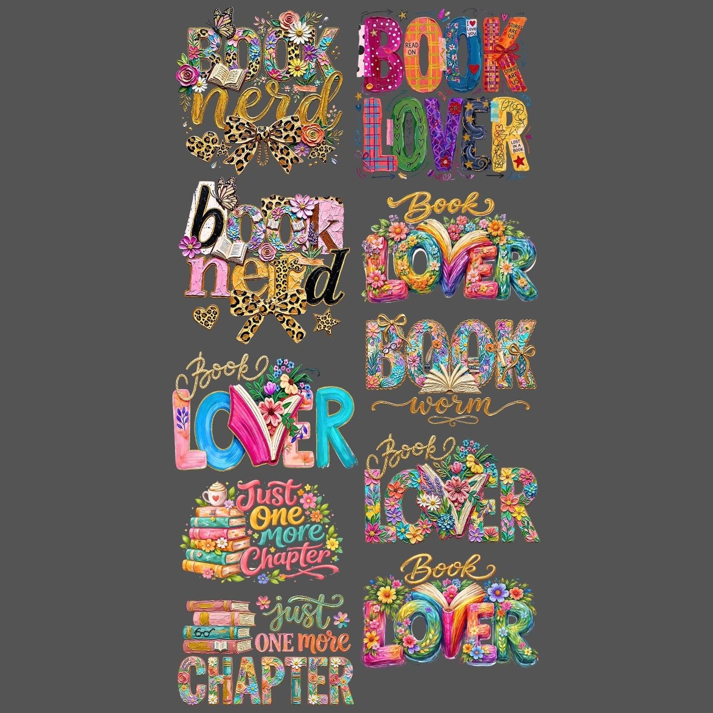 Book Lover Premade Gangsheet 10 Transfers