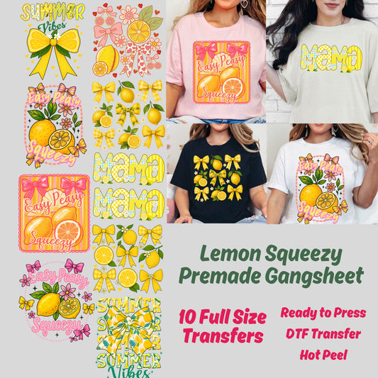 Lemon Squeezy premade DTF gang sheet, summer transfers, Lemon Coquette heat transfer,  Lemon squeezy Summer, Preppy Lemon Summer prints
