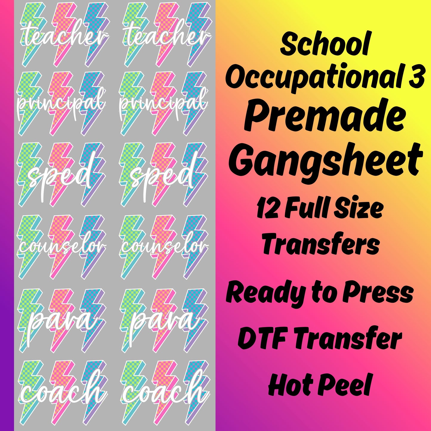 School Occupational 3 Premade Gangsheet - 12 Full Size Transfers Ready to Press DTF Transfer Hot Peel for Heat Press Application
